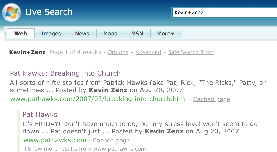 Bing search for “Kevin Zens”